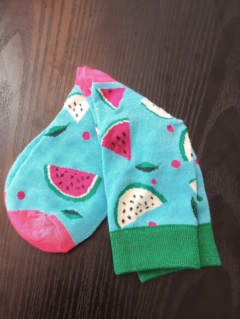 Watermelon Dragon Fruit Print Crew Midcalf Socks Teal Green Pink Accents